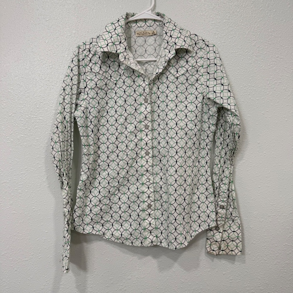 Rockies Womens Geometric Circle Print Western Button Down Shirt Green Navy M